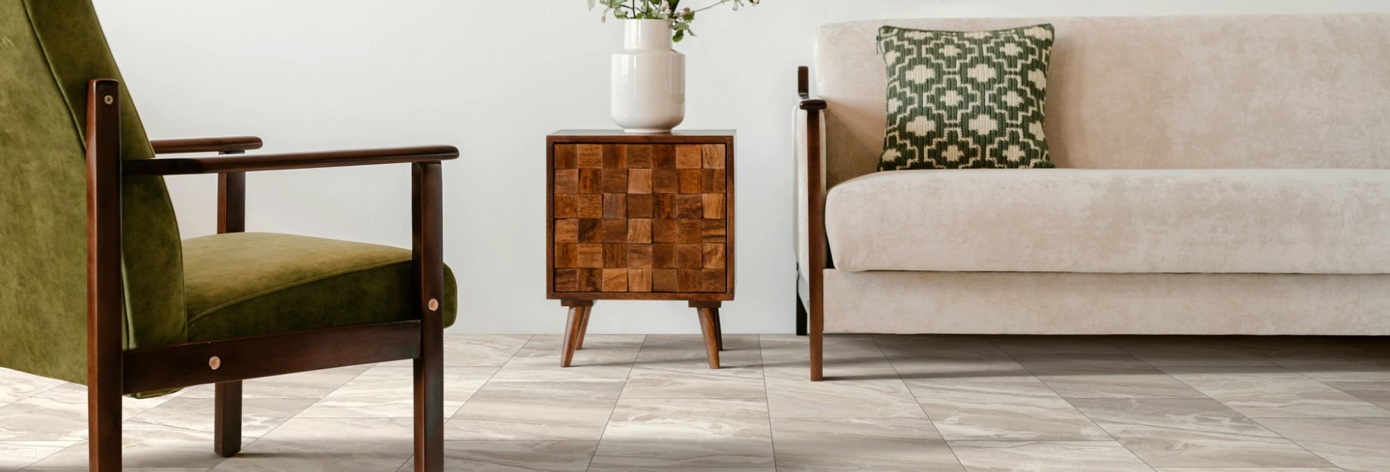 Living room with stone-look vinyl flooring from Flooring Source in the Auburn, MA area