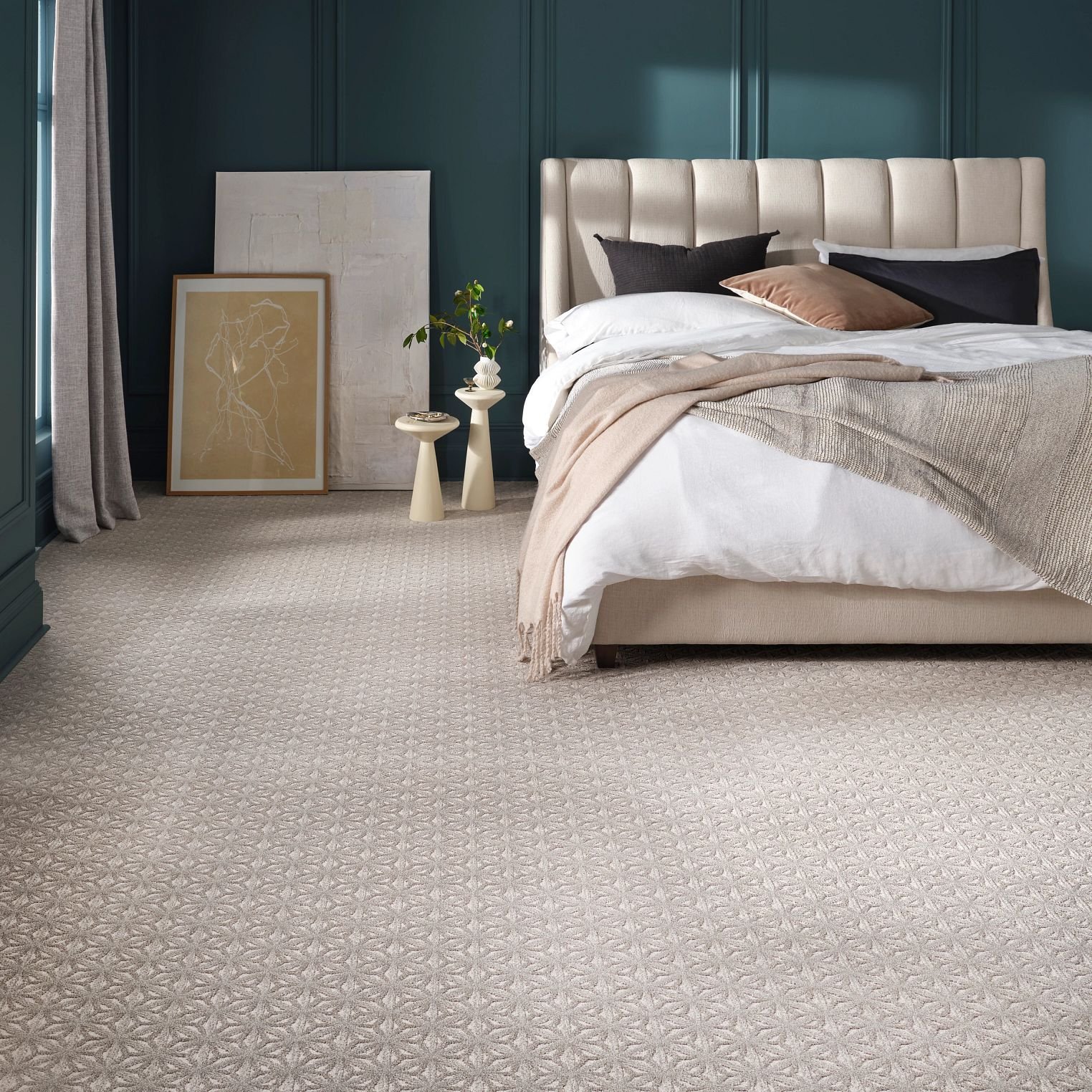 Bedroom with beige patterned carpet from Flooring Source in the Auburn, MA area