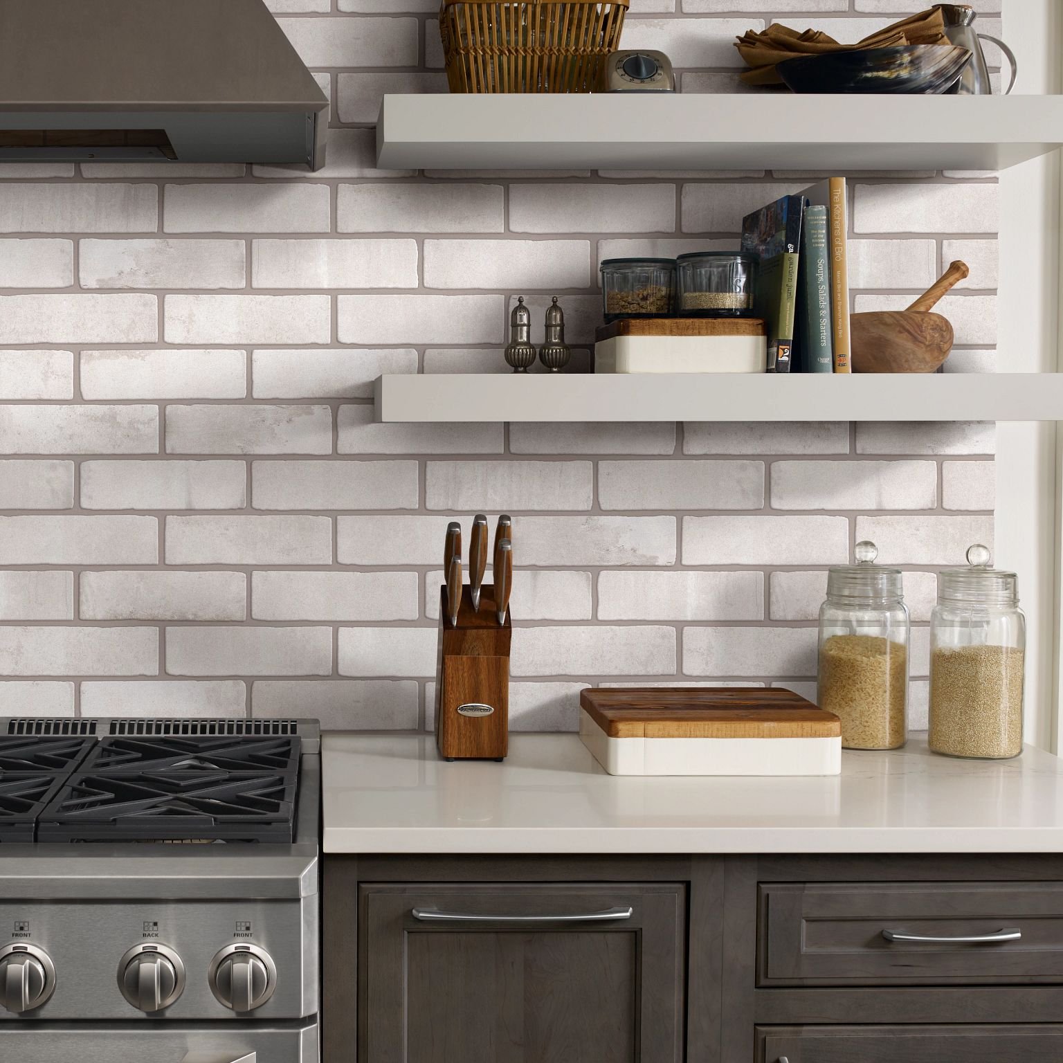 White tiled kitchen backsplash from Flooring Source in the Auburn, MA area